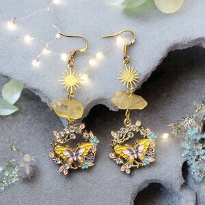Celestial Butterfly Earrings with Yellow Quartz Gemstone and Sparkling Floral